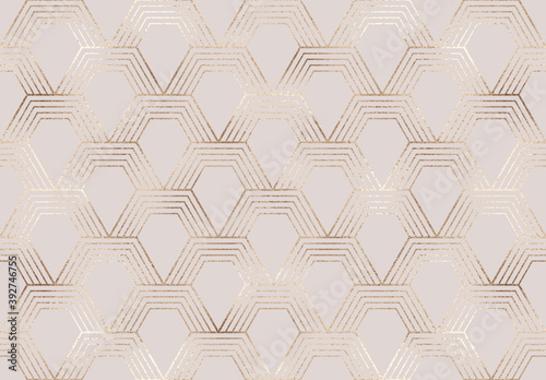 Geometric seamless pattern with gold glitter hexagon tiles in art deco style.