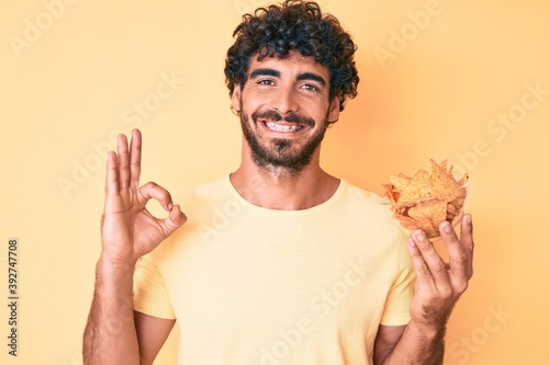 Handsome young man with curly hair and bear holding nachos potato chips doing ok sign with fingers, smiling friendly gesturing excellent symbol © Krakenimages.com