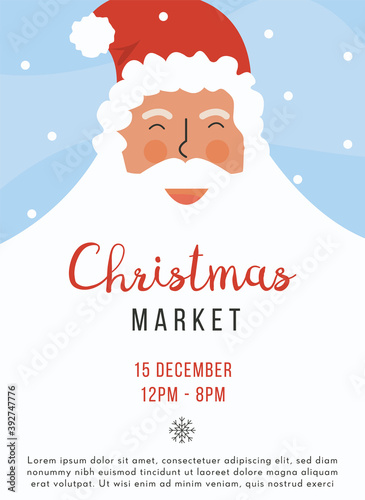 Invitation card for Christmas Market. Xmas fair event advertising banner. Santa Claus face flat vector illustration. Traditional festive winter holiday. Flyer on snowing background with place for text