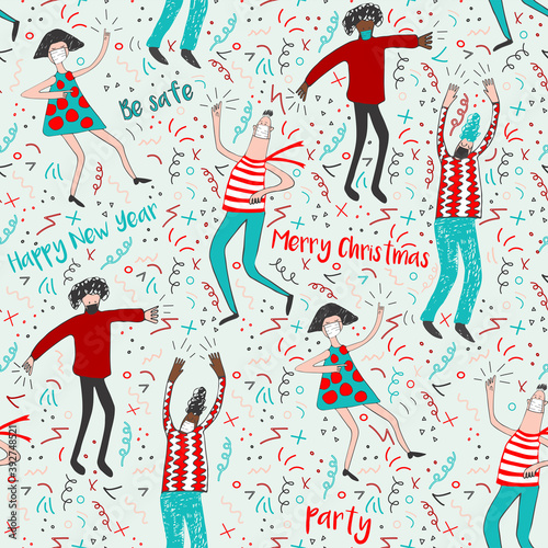 Merry Christmas and happy new year. Christmas party new normal concept with face mask. Vector seamless pattern.