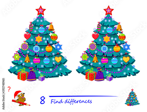 Find 8 differences. Illustration of Christmas tree. Logic puzzle game for children and adults. Brain teaser book for kids. Play online. Developing counting skills. IQ test. Memory training for seniors