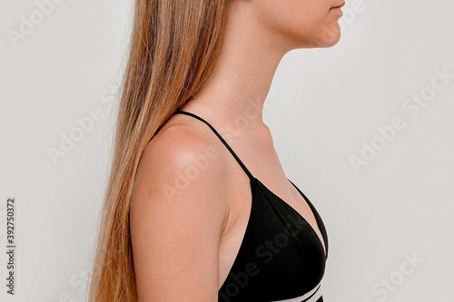 Slim Girl, Small Breasts Teenage Girl In Black Swimsuit Stock