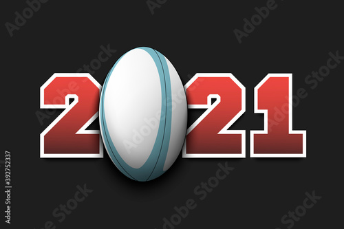 New Year numbers 2021 and rugby ball on an isolated background. Creative design pattern for greeting card, banner, poster, flyer, party invitation, calendar. Vector illustration