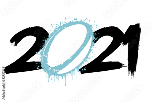 Abstract numbers 2021 and a rugby ball from blots. 2021 New Year on an isolated background. Design pattern for greeting card. Grunge style. Vector illustration