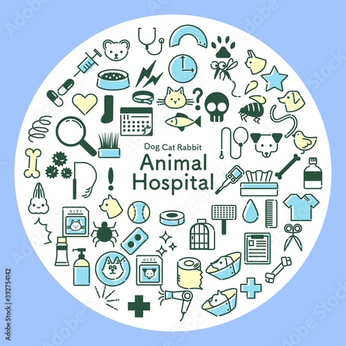 円形の青と黄色の動物病院関連のアイコンセット