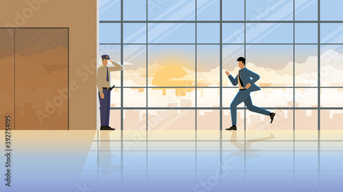 Hurry up and urgent concept of business life. Businessman run to company in early morning sunrise. Greeting salute security officer. Responsibility diligent office people city lifestyle of work hard.