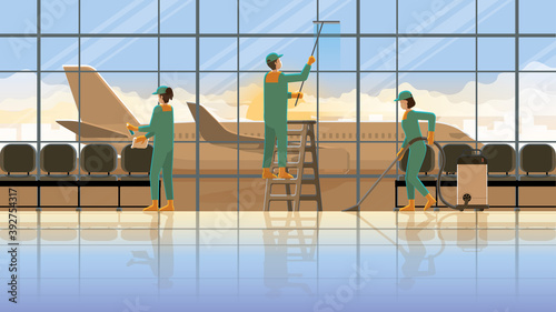 Cleaning service team maid working at the terminal international airport in early morning sunrise. Occupation lifestyle professional maintenance service before re-opening a business hours flight trip.