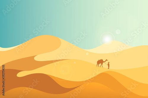 Landscape illustration of yellow sand dunes at desert with copy space in the centre. You can use it like background for your logo, banner, or for landing page. photo