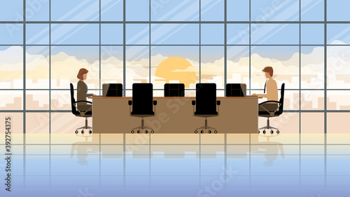 Employee working overnight. Man and woman use laptop in workplace meeting conference room. Professional occupation office people city lifestyle of work hard overtime overwork in early morning sunrise.