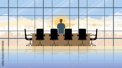 Vision concept. Businessman stand think and look outside the window of company office building in empty meeting conference room. Alone in early morning sunrise. Economics crisis of business owner.