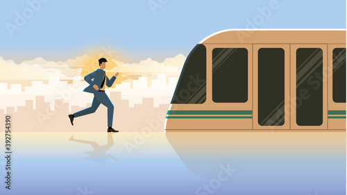 Hurry up businessman run for the first train in public transportation station. Professional occupation office people city lifestyle of work hard overtime overwork. Alone in the early morning sunrise.