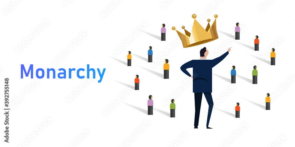 Monarchy form of government with a monarch king at the head crowd of people with leader royalty wearing crown Monarchy form of government with a monarch king at the head crowd of people with leader royalty wearing crown