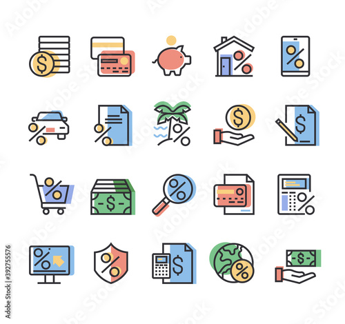 Color credit and loan banking financial line simple icon isolated set vector graphic design concept