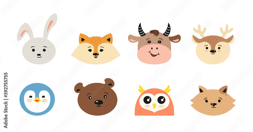 Cute animal faces set. Christmas head deer and fox, bear and cat, bull, owl or penguin. Hand drawn collection character cartoon style Cute animal faces set. Christmas head deer and fox, bear and cat, bull, owl or penguin. Hand drawn collection character cartoon style