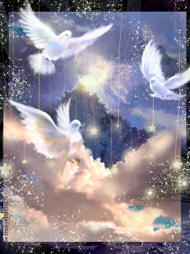 A background of Three white doves dance in the heaven