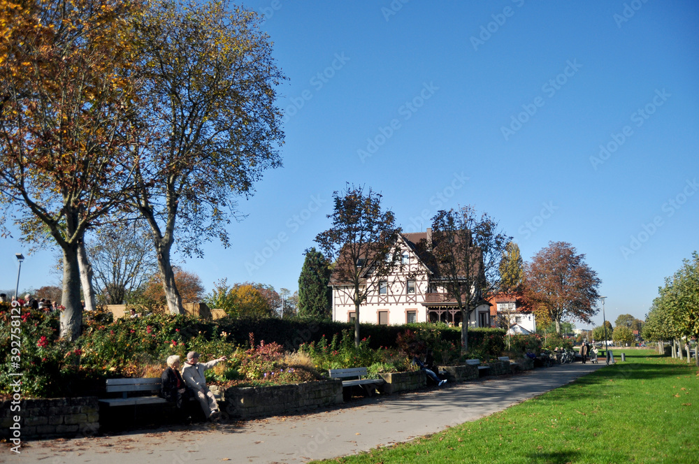 German old man and senior woman sitting relax on bench with people walking chilling on footpath of Domgarten garden in old town at Speyer city on October 30, 2016 in Rhineland Palatinate, Germany