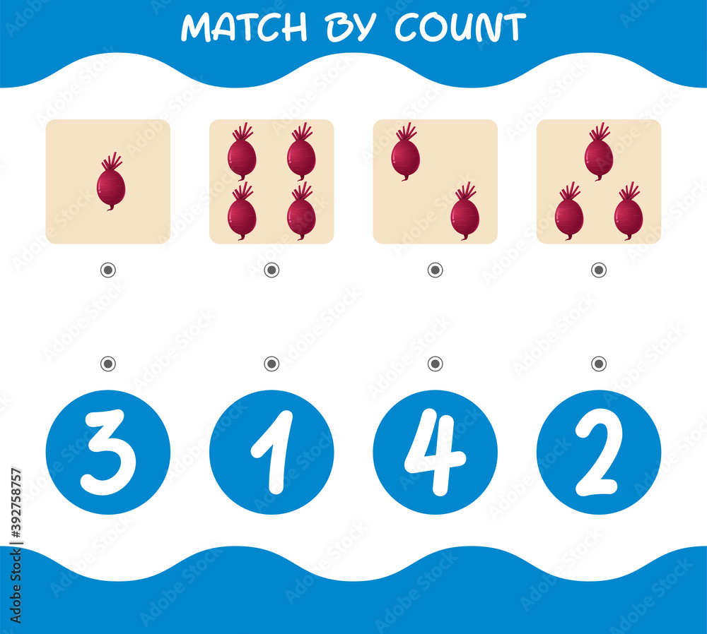 Match by count of cartoon beetroots. Match and count game. Educational game for pre shool years kids and toddlers