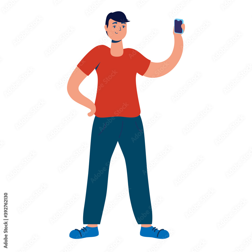 young man using smartphone technology character young man using smartphone technology character