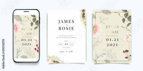 Luxury Social Media Wedding invite frame templates. Vector background. Mockup for social media banner. mobile Floral golden collage layout design.