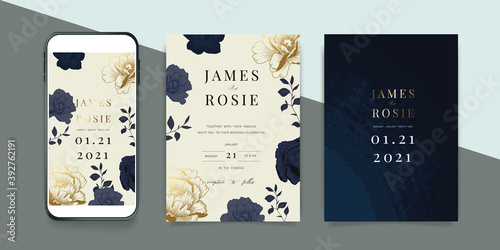 Luxury Social Media Wedding invite frame templates. Vector background. Mockup for social media banner. mobile Floral golden collage layout design.