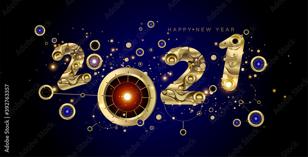 New Year 2021 greeting card banner vector golden abstract lettering in black background
