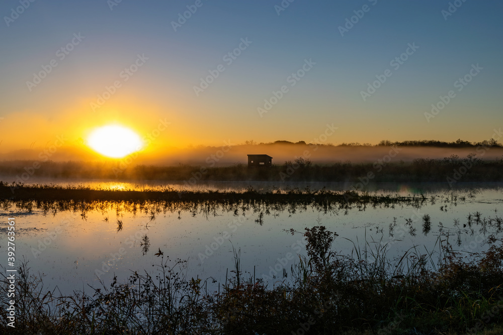 Photography blind on a calm pond as morning fog rolls in Photography blind on a calm pond as morning fog rolls in