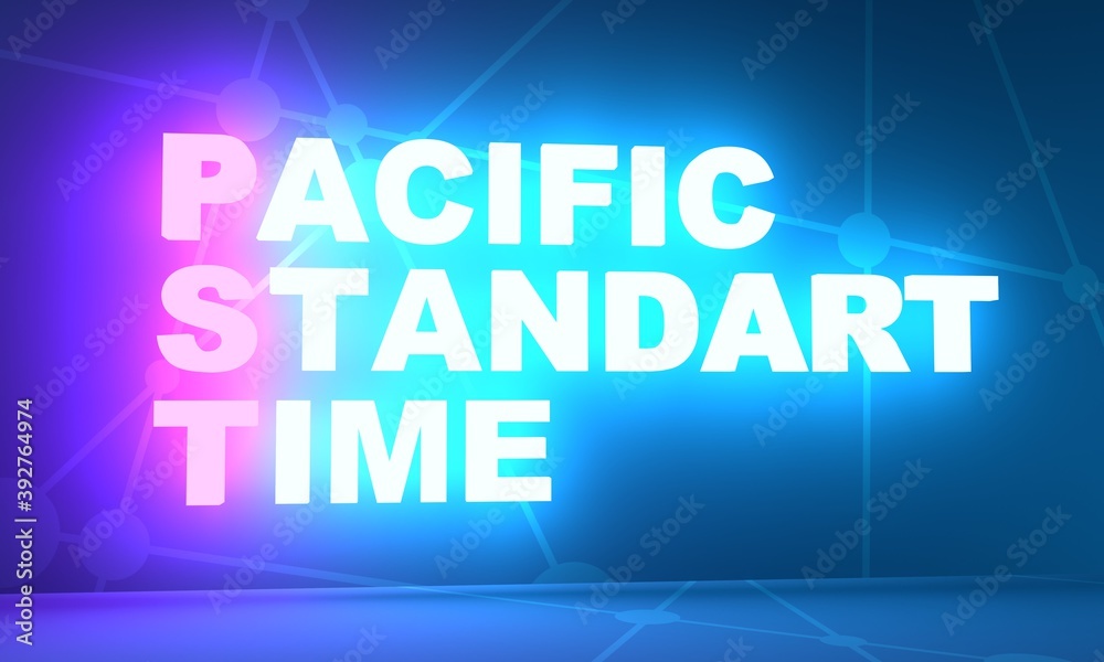 PST - Pacific Standard Time acronym. 3D rendering. Neon bulb illumination PST - Pacific Standard Time acronym. 3D rendering. Neon bulb illumination