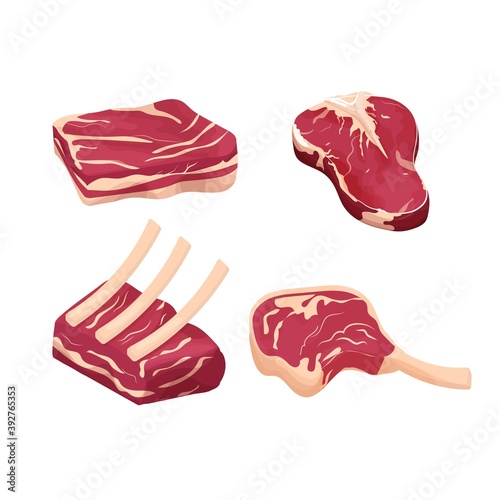 Set difference pieces, slice raw meat, steak isolated on white background. Detailed drawing with fat and rib. Objecs, clipart. Close up view.