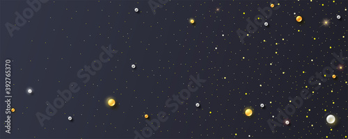 Festive background. Silver and golden pearls and sparkly golden dust. Template for poster, headers for website. Festive vector 3D illustration.