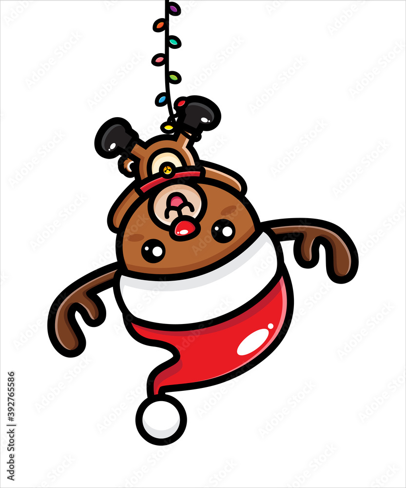 Naklejka premium cute santa reindeer character trapped in colorful christmas lights