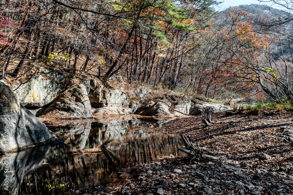 Large boulder on far side of mountain river. Large boulder on far side of mountain river.