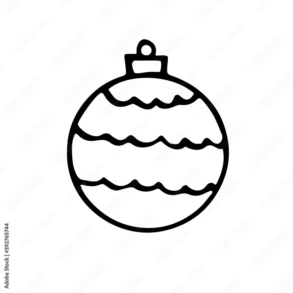Vector Christmas outline tree ball. Element of New year and xmas design in doodle style, isolated. Simple hand drawn illustration for greeting cards, calendars, prints, childrens coloring book Vector Christmas outline tree ball. Element of New year and xmas design in doodle style, isolated. Simple hand drawn illustration for greeting cards, calendars, prints, childrens coloring book