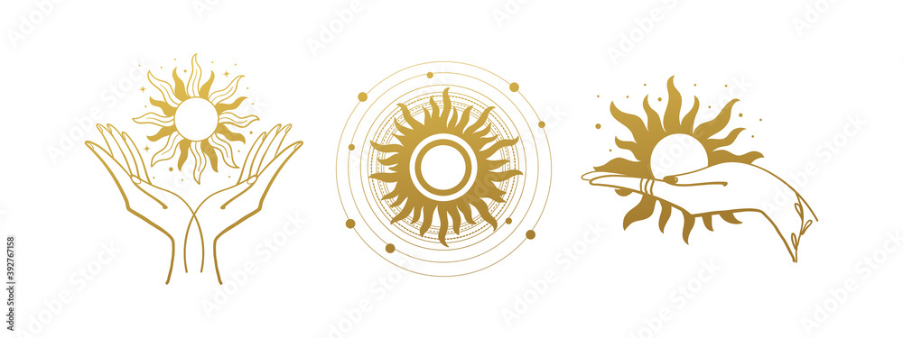 Set of mystical logos with the sun. The hand holds the sun. Set of vector drawings for boho dihain, astrology, horoscope. Black doodle illustration isolated on white background - obrazy, fototapety, plakaty 