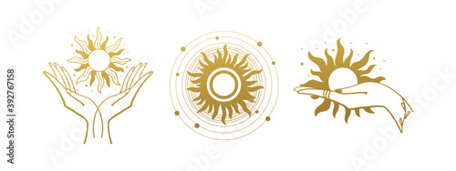 Set of mystical logos with the sun. The hand holds the sun. Set of vector drawings for boho dihain, astrology, horoscope. Black doodle illustration isolated on white background