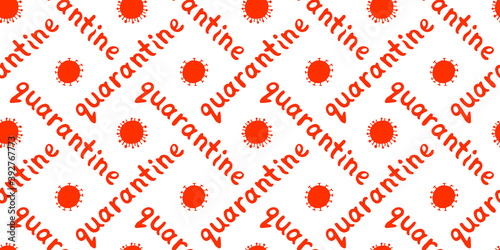 Vector seamless pattern with the quarantine logo - inscription and icon of molecule, virus cell. The topic of self-isolation, self-defense, protection and time of spread of coronavirus