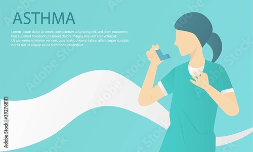 Asthma,Dyspnea,Breathing,respiratory problem, pressure,chest pain,Female patients with flu and cough are using an inhealer,Vector illustration.