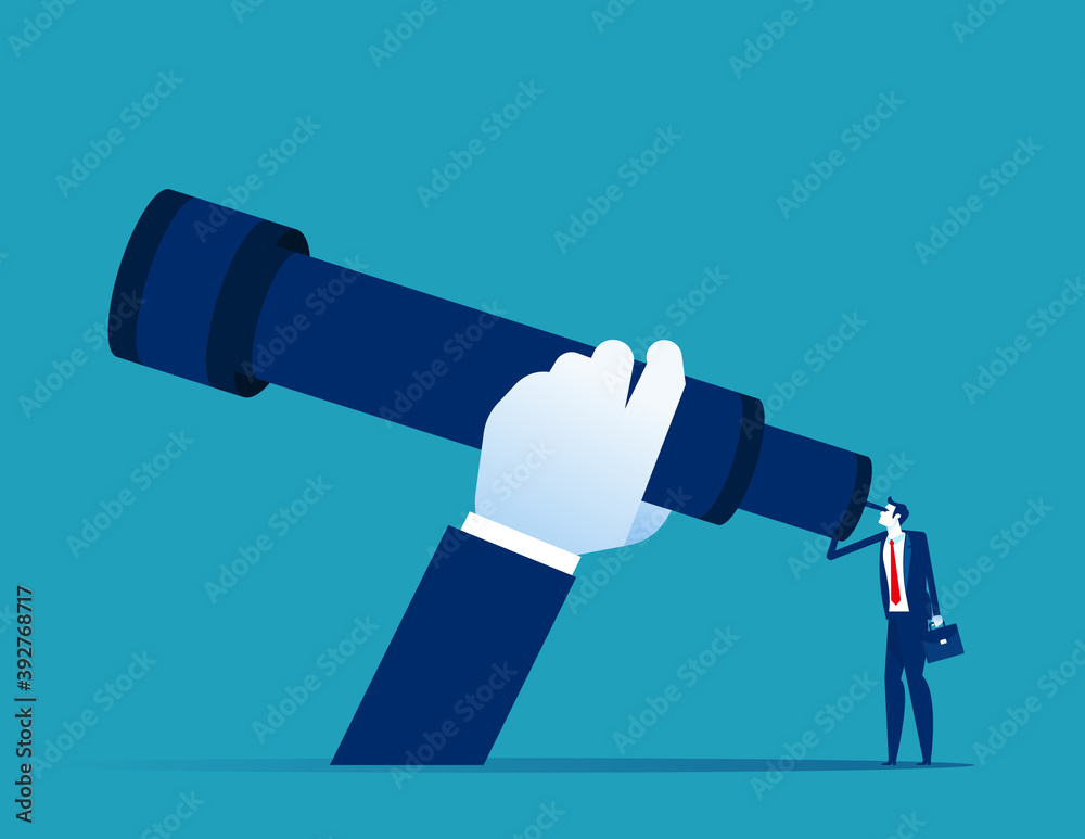 A businessman using a telescope. Expansion looking for investment. Big Hand and Big telescope A businessman using a telescope. Expansion looking for investment. Big Hand and Big telescope