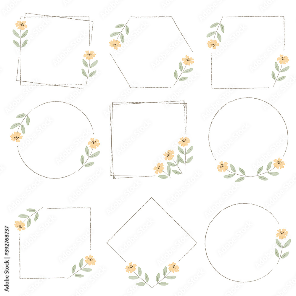 watercolor minimal yellow wild tiny cosmos flower wreath frame collection digital painting
