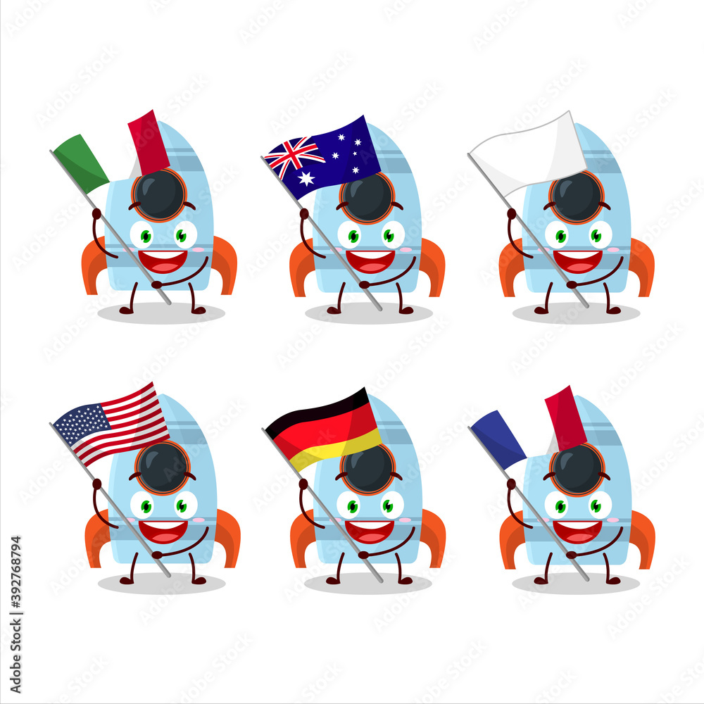 Rocket toy cartoon character bring the flags of various countries Rocket toy cartoon character bring the flags of various countries