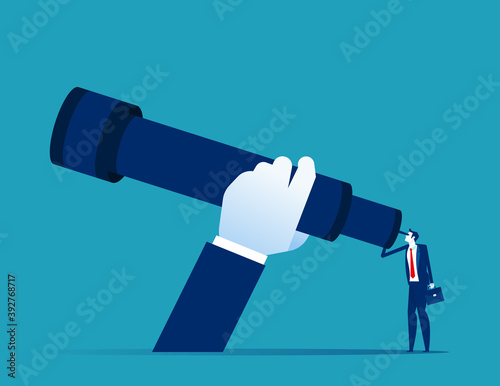 A businessman using a telescope. Expansion looking for investment. Big Hand and Big telescope