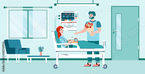 Tableau sur toile Man visits a convalescent patient in a hospital room, cartoon flat vector illustration