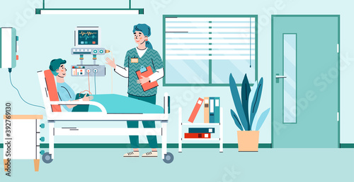 Attending physician visits the patient in the hospital ward, flat cartoon vector illustration. Doctor and patient in hospital interior with modern equipment.