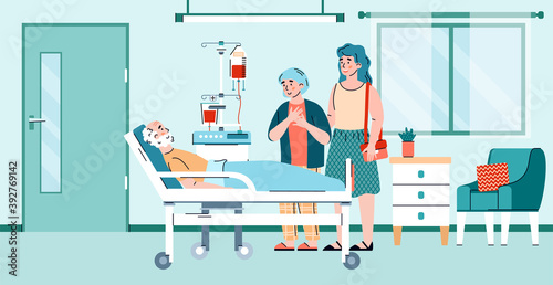 Relatives visit elderly patient in nursing home or hospital ward, cartoon flat vector illustration. Medical assistance in hospital, healthcare and treatment.