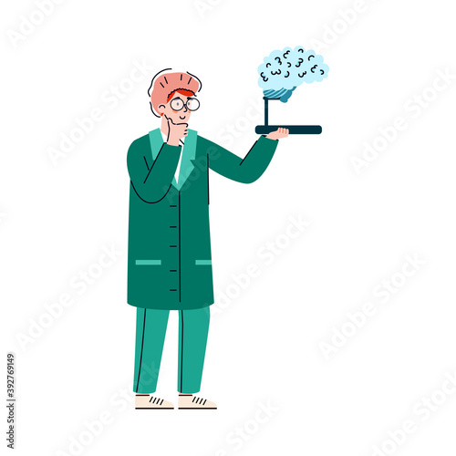 Cartoon neurologist doctor looking at human brain model - medicine man in medical clothes holding neurology display and thinking. Isolated vector illustration.
