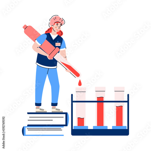 Medical blood exam and diabetes glucose test banner with woman adding chemical into laboratory tubes, flat cartoon vector illustration isolated on white background. photo