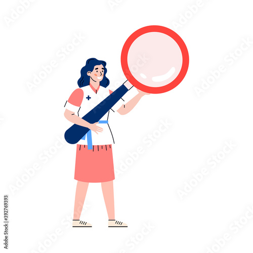 Tiny doctor female cartoon character holding huge magnifier, flat vector illustration isolated on white background. Medical research and analysis concept.