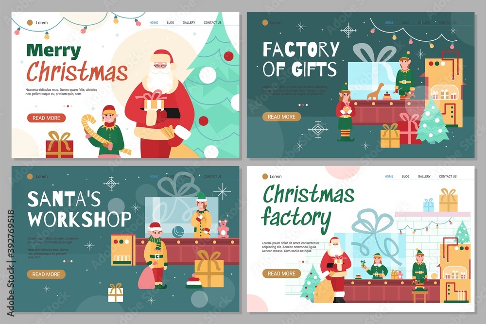 Set of Christmas web banners with Santas toys factory and elves characters, flat cartoon vector illustration. Christmas holidays web page templates collection.
