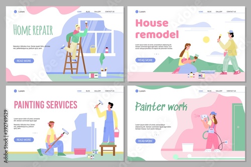 People painters performing paint walls indoors. Service work for painting repair in house, apartment. Construction, remodel or renovation of housing. Set of landing page templates.