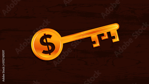 Golden dollar key on wood table