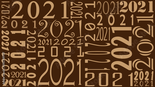 New Year's theme illustration with various kinds of writing 2021 on dark brown background